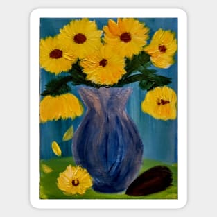 sunflowers in a glass blue vase in vintage style Sticker